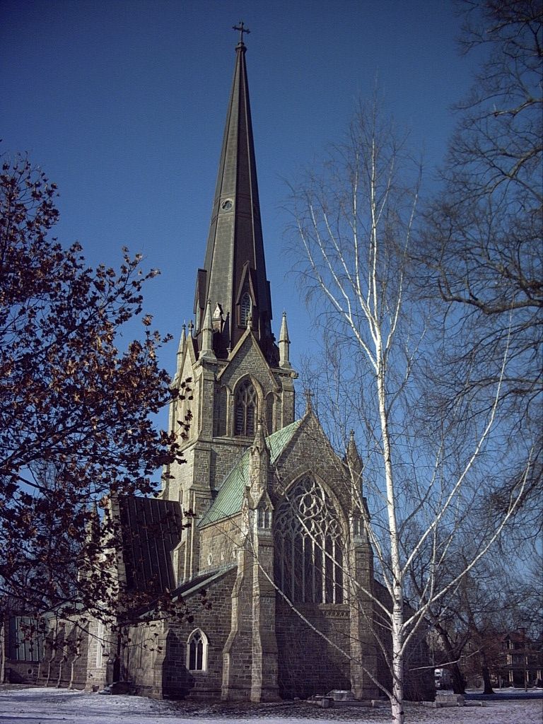 Christ Church Cathedral, Fredericton, its spire against a winter sky
