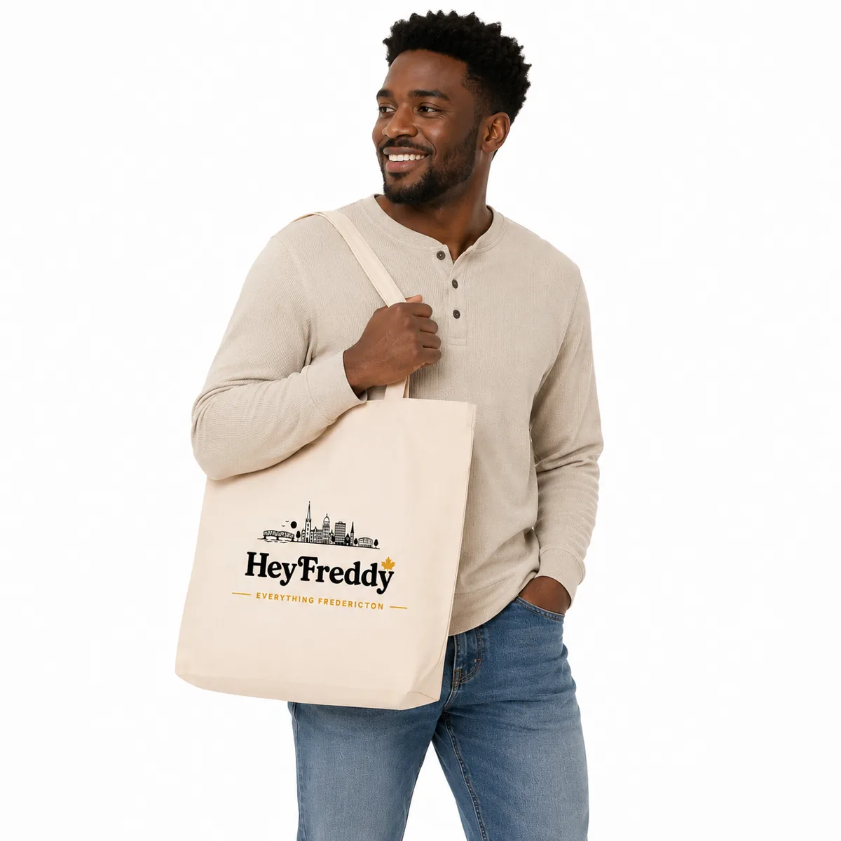 Natural canvas tote with the Hey Freddy skyline