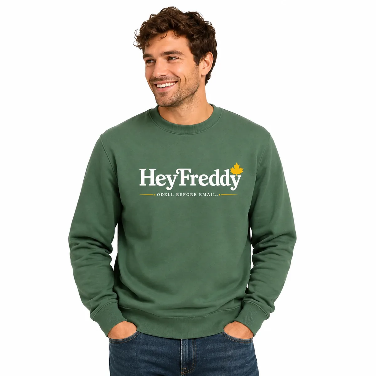 Forest-green Hey Freddy crewneck, Odell Before Email